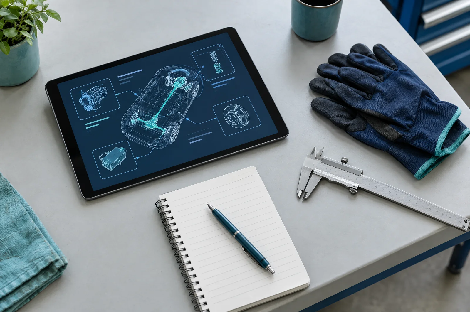 Imagen ilustrativa de materiales de estudio automotriz y un dispositivo digital en un taller.